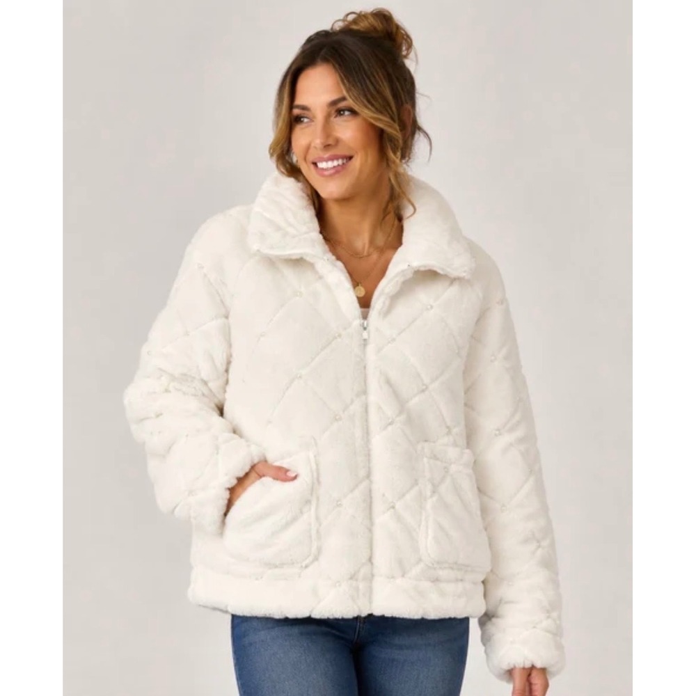 White Faux Fur Pearl Jacket Sabrina Lauren Zip Up Lined Coat XL Women NWOT Luxe
